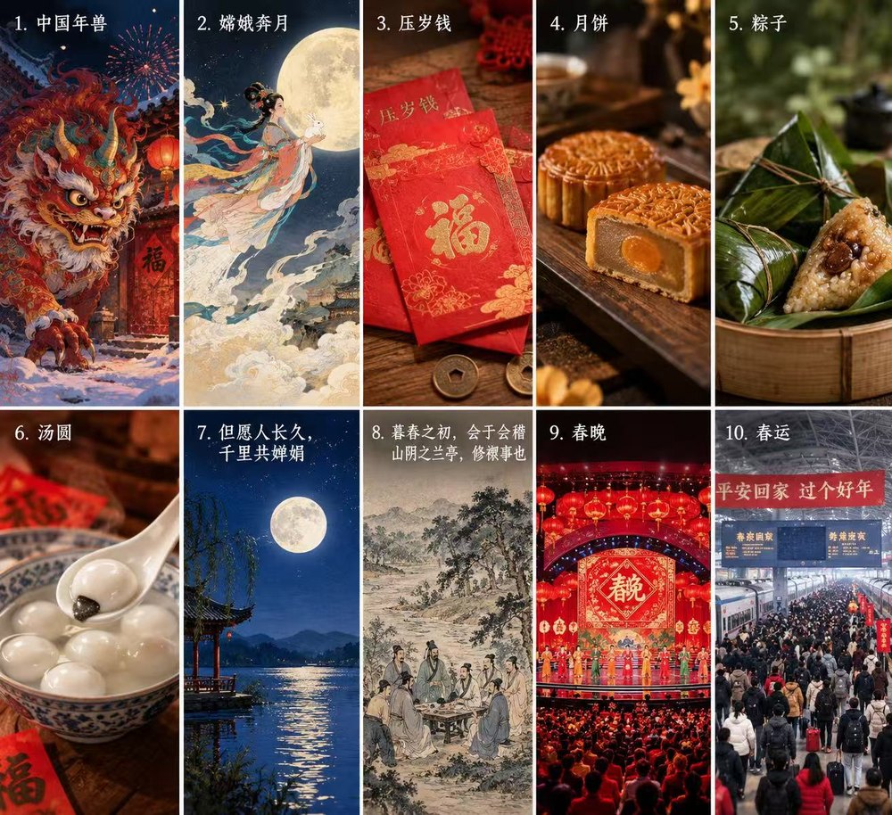 A collage of Chinese festival scenes, from New Year red to moonlit reunion.
