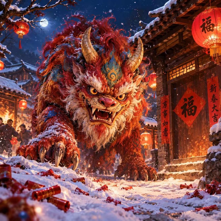 A red and gold Nian beast in a snowy village.
