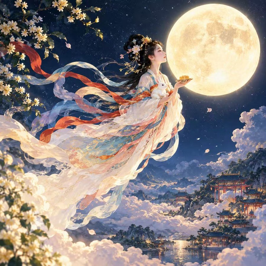 Chang'e flying toward a full moon above the clouds.