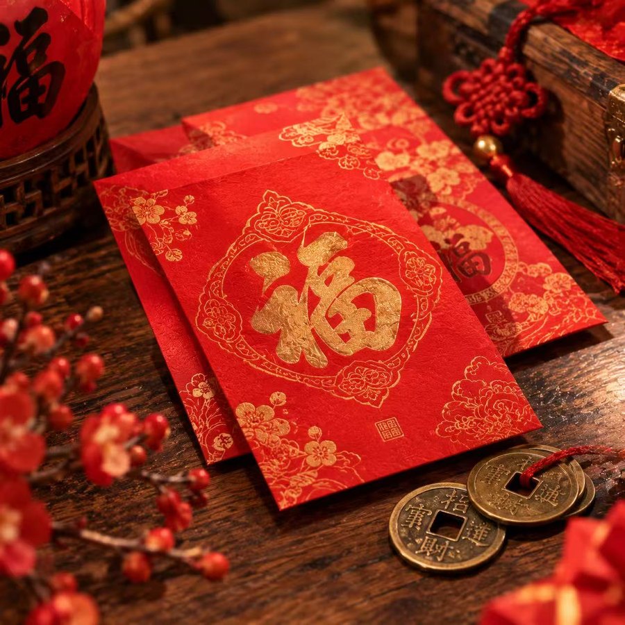 Red envelopes and gold coins for the New Year.