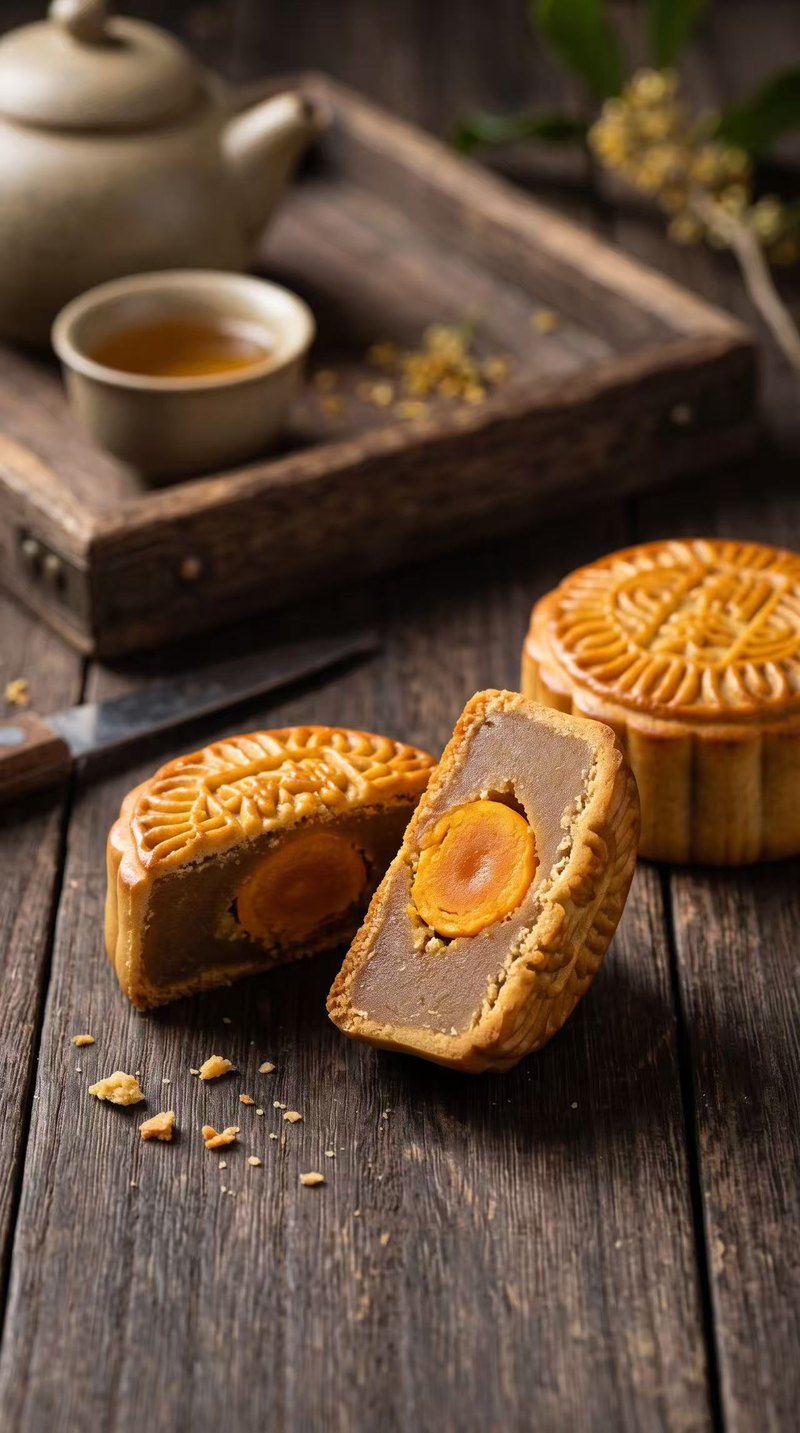 Mooncakes, tea, and osmanthus on a wooden table.