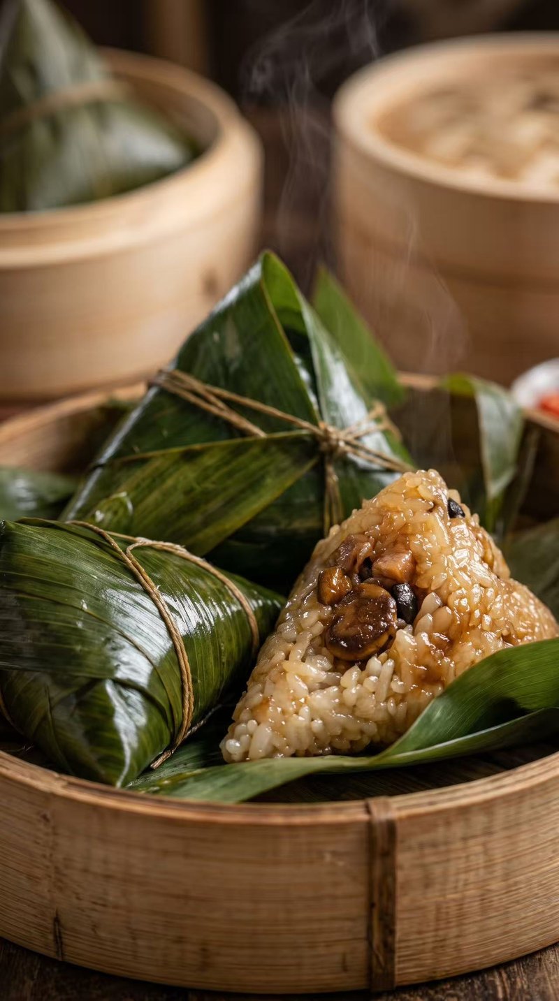Zongzi wrapped in bamboo leaves in a bamboo steamer.