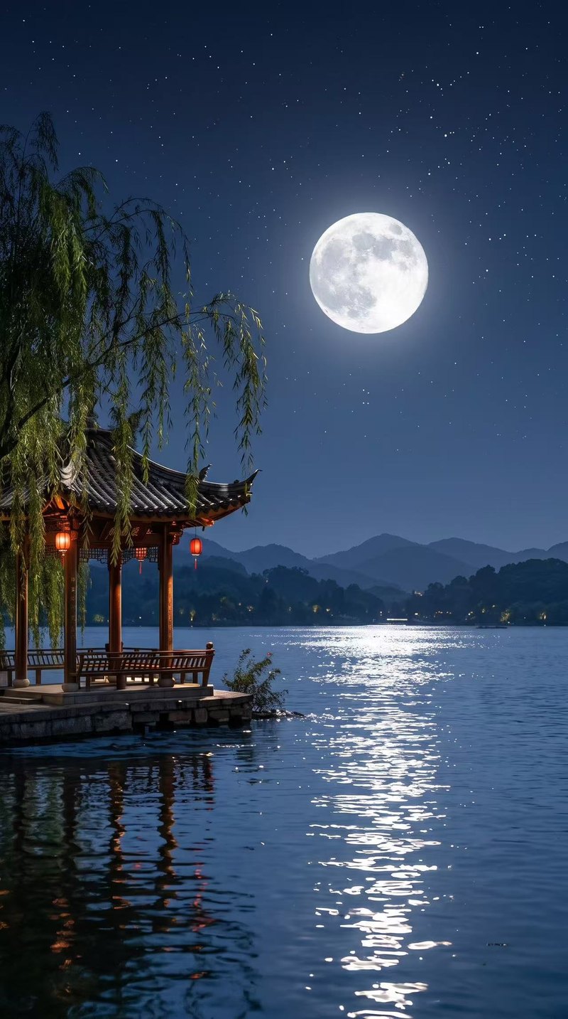 A full moon over a lakeside pavilion and willow trees.