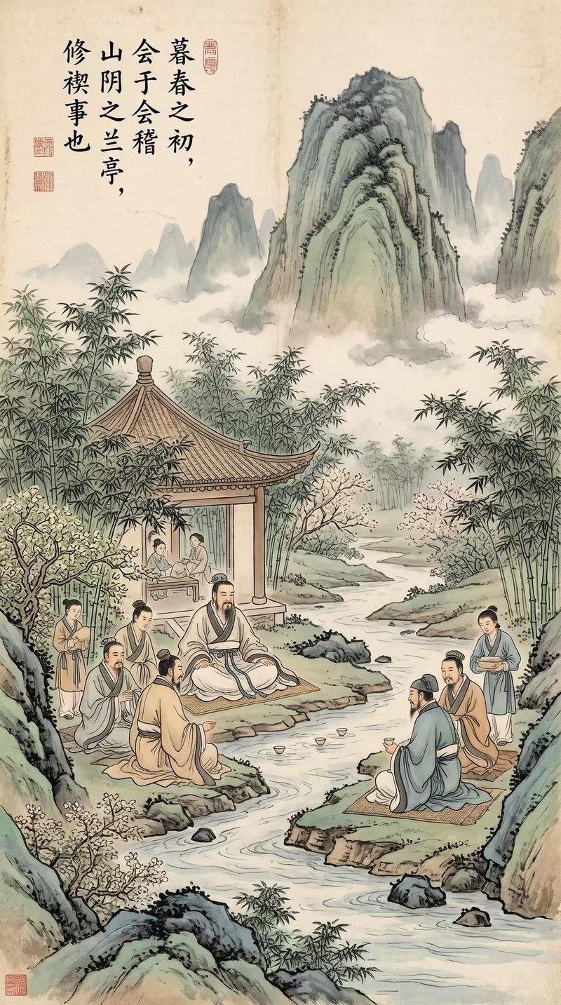 A traditional painting of scholars gathered at the Orchid Pavilion.