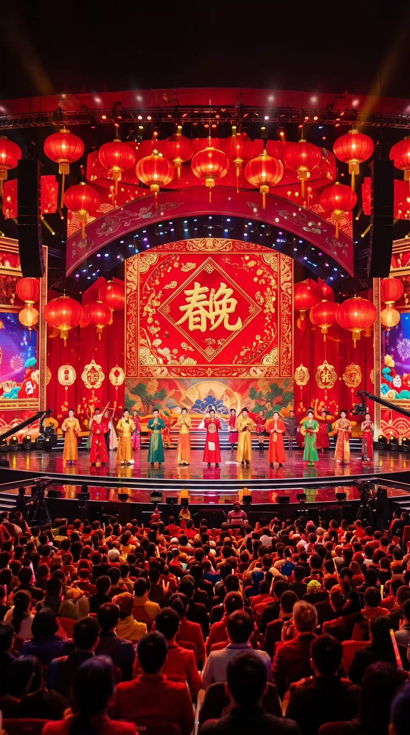 A red and gold Spring Festival Gala stage seen from the audience.